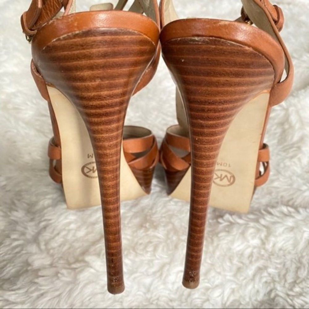 Michael Kors Tan Leather Platform Heels Strappy Sandals Size 10 - Picture 4 of 16